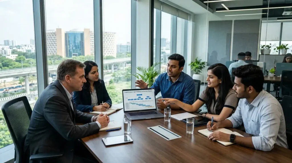 Full Stack Java Development Services in Hyderabad — Innoit Labs team discussing enterprise project engagement models